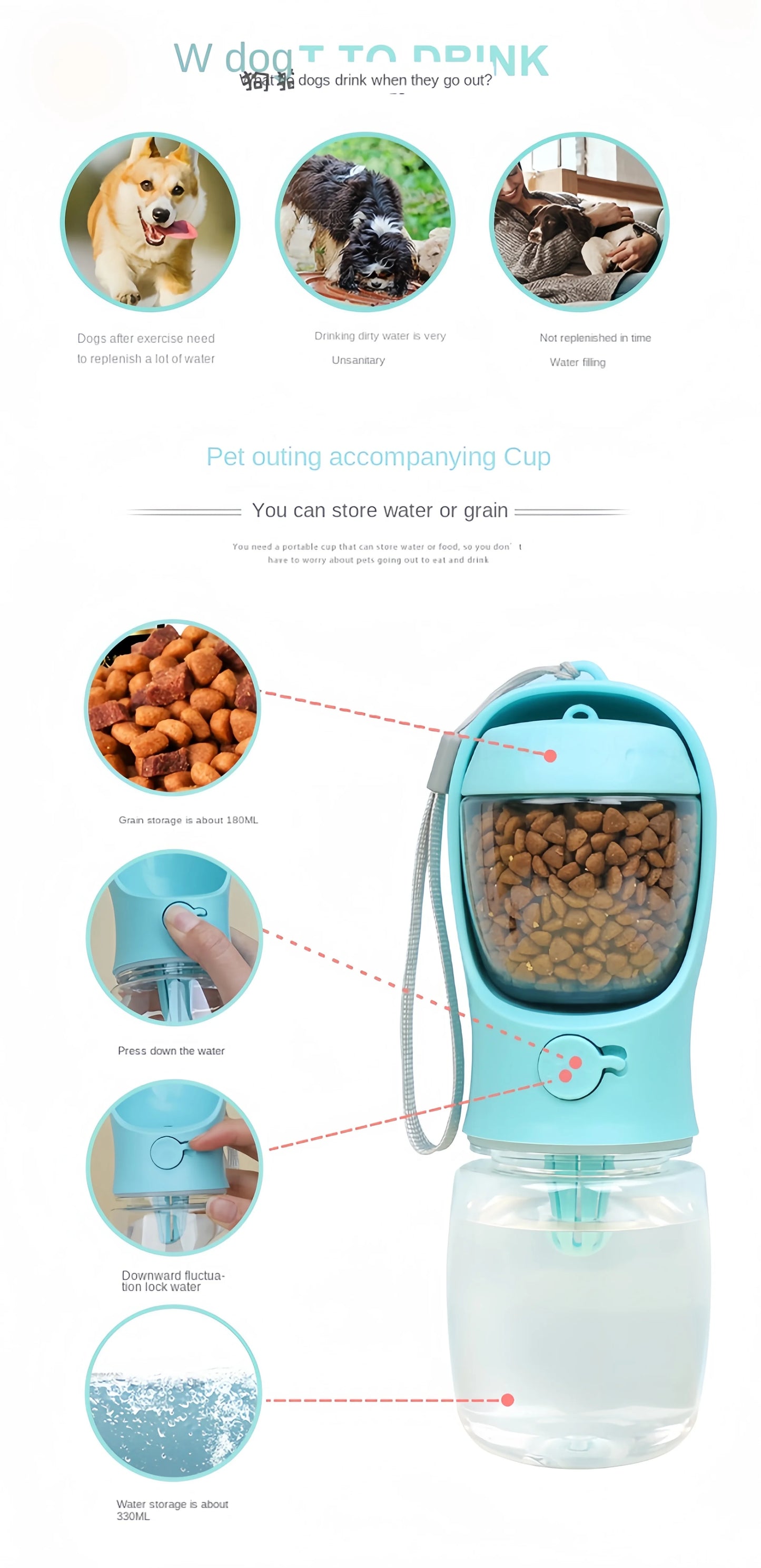 Portable Pet Water Bottle – 2-in-1 Water & Food Dispenser